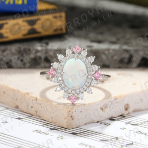 IRROYA Halo 2 Carat Cabochons Oval Cut White Opal Engagement Rings for Women Sterling Silver White G-H Moissanite Platinum Plated Silver Cocktail Ring Princess Cut Pink Sapphire Promise Ring for Her