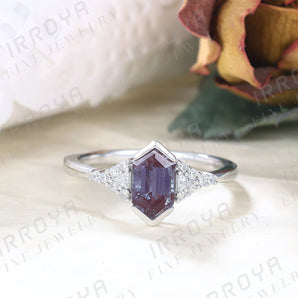 IRROYA 925 Sterling Silver Alexandrite Ring 1.1 Carats Long Hexagon Cut 5*9mm Purple Alexandrite Engagement Rings for Women Vintage Style Purple Gemstone Rings June Birthstone Ring Gift for Her