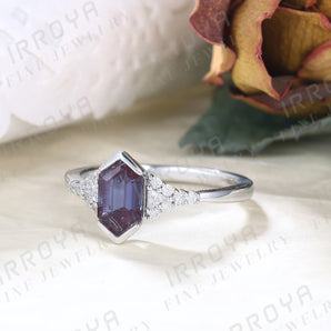 IRROYA 925 Sterling Silver Alexandrite Ring 1.1 Carats Long Hexagon Cut 5*9mm Purple Alexandrite Engagement Rings for Women Vintage Style Purple Gemstone Rings June Birthstone Ring Gift for Her