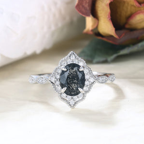 IRROYA Victorian Art Deco 1.5 Carat Oval Natural Black Rutilated Quartz Ring Filigree Halo Round Cubic Zirconia Rings for Women Sterling Silver Black Stone Cocktail Rings Plated by Platinum Half Eternity CZ Vintage Women's Promise Rings Gifts