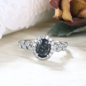 IRROYA Art Deco CZ Halo 1.5 Carat Oval Natural Black Rutilated Quartz Sterling Silver Rings Vintage Bezel Set White Cubic Zirconia Wedding Ring Leaf Shaped Eternity Proposal Ring Plated by Platinum 925 Silver Gothic Birthstone Ring for Her