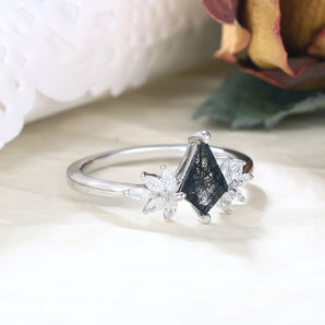 IRROYA 1.35 CT Natural Black Rutile-Quartz Promise Rings Kite Cut 6x9mm Engagement Ring Platinum Plated 925 Sterling Silver for Women