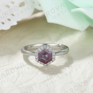 IRROYA Alexandrite Rings for Women 0.85 Carats Hexagon Cut Alexandrite Ring for Engagement Natural Blue Gemstone Rings Gift for Her Art Deco June Birthstone Ring