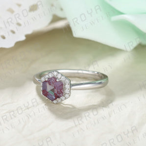 IRROYA Alexandrite Rings for Women 0.85 Carats Hexagon Cut Alexandrite Ring for Engagement Natural Blue Gemstone Rings Gift for Her Art Deco June Birthstone Ring