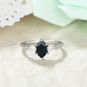 IRROYA 925 Sterling Silver Wedding Band Natural Black Agate Ring - 1.1 Carats Long Hexagon Cut Engagement Ring Perfect for Proposals, Stacking