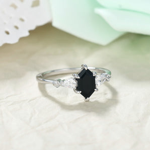 IRROYA 925 Sterling Silver Wedding Band Natural Black Agate Ring - 1.1 Carats Long Hexagon Cut Engagement Ring Perfect for Proposals, Stacking