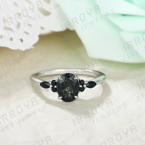 IRROYA Natural Black Rutilated Quartz Engagement Ring 1.5CT Oval Cut 6x8mm Women's Rings Minimalist style Rings Wedding Rings Platinum Plated 925 Sterling Silver Women's Promise Ring.