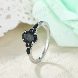 IRROYA Natural Black Rutilated Quartz Engagement Ring 1.5CT Oval Cut 6x8mm Women's Rings Minimalist style Rings Wedding Rings Platinum Plated 925 Sterling Silver Women's Promise Ring.