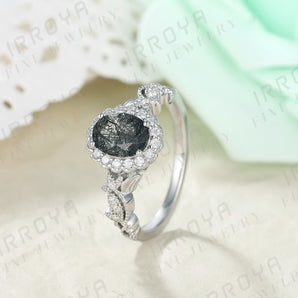 IRROYA Natural Fashion Women's Black Rutilated Quartz Ring Half Eternity Vintage Art Deco Rings 6x8mm Oval Cut 1.5CT Platinum Plated 925 Sterling Silver Promise Ring.