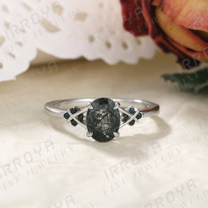 IRROYA 1.5 Carat Oval Natural Black Rutilated Quartz Engagement Rings for Women Round Cut Black Spinel Wedding Ring Gifts 925 Sterling Silver Black Stone Promise Ring for Her Art Deco Platinum Plated Silver Gothic Bridal Rings Sets