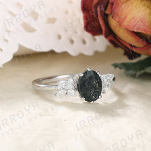 IRROYA Natural Black Spinel 925 Silver Ring 1.5CT 6x8mm Oval Cut Natural Black Rutilated Quartz Wedding Rings for Women Prong Setting Natural Black Rutilated Quartz Engagement Ring Natural Gemstone Promise Ring Black Ring Gifts for Her