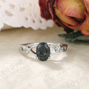 IRROYA Natural Fashion Women's Black Rutilated Quartz Ring Minimalist Art Deco Ring 6x8mm Oval Cut 1.5CT Platinum Plated 925 Sterling Silver Promise Rings.