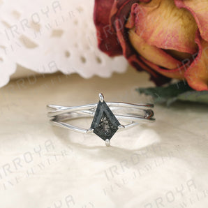 IRROYA Natural Black Rutilated Quartz Engagement Ring 1.35CT 6x9mm Kite Cut Women's Minimalist Rings Wedding Rings Platinum Plated 925 Sterling Silver Women's Promise Ring.