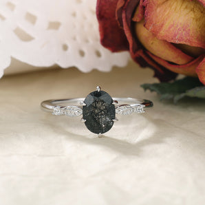 IRROYA Naturally Black Rutilated Quartz Wome's Ring 1.5CT Oval Cut Wedding Ring 925 Sterling Silver Leaf Band Shape Engagement Rings Platinum Plated Promise Ring Travel Ring Gifts for Her