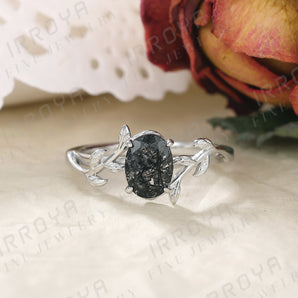 IRROYA Natural Women's Black Rutilated Quartz Ring Fashion Half Eternity Unique Rings 6x8mm Oval Cut 1.5CT Platinum Plated 925 Sterling Silver Promise Rings.