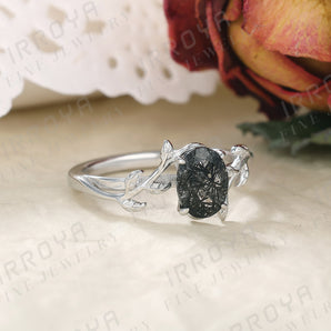 IRROYA Natural Women's Black Rutilated Quartz Ring Fashion Half Eternity Unique Rings 6x8mm Oval Cut 1.5CT Platinum Plated 925 Sterling Silver Promise Rings.