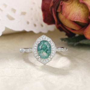 IRROYA Art Deco 1.5 Carat Oval Natural Moss Agate Engagement Ring Bezel Halo White Cubic Zirconia Rings for Women Sterling Silver Antique Vintage Green Stone Cocktail Rings Plated Platinum Infinity Eternity CZ Statement Ring Gifts for Wife