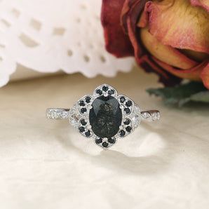 IRROYA Engagement Ring for Women-1.5 Carat Oval Cut Black Rutilated Quartz 925 Sterling Silver Ring Floral Halo Match Black Spinel Vintage Rings Cocktail Ring Gift for Her