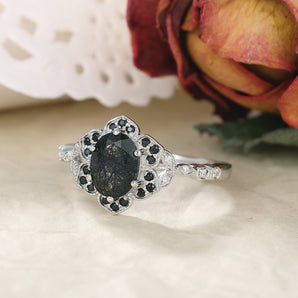 IRROYA Engagement Ring for Women-1.5 Carat Oval Cut Black Rutilated Quartz 925 Sterling Silver Ring Floral Halo Match Black Spinel Vintage Rings Cocktail Ring Gift for Her