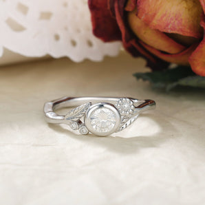 IRROYA Unique Bezel Setting 0.5 Carat Moissanite Engagement Ring Art Deco G Color Round White Moissanite Wedding Ring for Her Bamboo Twist Band Sterling Silver Statement Ring Plated by Platinum Daisy Leaf 925 Silver Women's Promise Rings