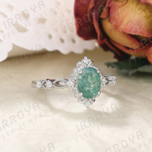 IRROYA 1.5 Carat Oval Natural Moss Agate Engagement Ring Floral Halo Round Cubic Zirconia Rings for Women Sterling Silver Victorian Antique Green Stone Cocktail Rings Plated Platinum Filigree Eternity CZ Vintage Unique Wedding Rings for Her