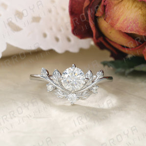 IRROYA Nature Leaf Tiara 0.8CT Round Moissanite Engagement Ring Vine Style Art Deco G Color White Moissanite Proposal Ring for Her Crown of thorns 925 Silver Wedding Ring Plated by Platinum Unique Sterling Silver Marriage Rings for Women