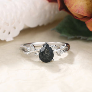 IRROYA Black Rutilated Quartz for Women-925 Sterling Silver Ring Wedding Rings 1.3 CT Pear Cut Infinity Leaf Shape Twisted Shank Vintage Ring Platinum Plated Dainty Rings Promise Ring