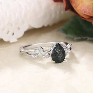 IRROYA Black Rutilated Quartz for Women-925 Sterling Silver Ring Wedding Rings 1.3 CT Pear Cut Infinity Leaf Shape Twisted Shank Vintage Ring Platinum Plated Dainty Rings Promise Ring