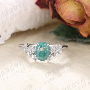 IRROYA Leaf Vine 1.5 Carat Oval Natural Moss Agate Engagement Ring 0.07 ct Round White Cubic Zirconia Rings for Women Sterling Silver Art Deco Green Stone Unique Wedding Ring Plated Platinum CZ Women's Promise Rings Gifts for Her Anniversary