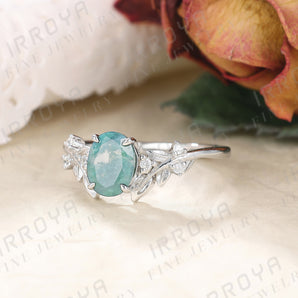 IRROYA Leaf Vine 1.5 Carat Oval Natural Moss Agate Engagement Ring 0.07 ct Round White Cubic Zirconia Rings for Women Sterling Silver Art Deco Green Stone Unique Wedding Ring Plated Platinum CZ Women's Promise Rings Gifts for Her Anniversary