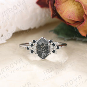 IRROYA Gothic Art Deco 1.1 Carat Long Hexagon Natural Black Rutilated Quartz Engagement Ring Antique Marquise Bezel Set Round Black Spinel Ring 925 Silver Cluster Black Stone Wedding Ring Plated by Platinum Unique Birthstone Ring for Mom