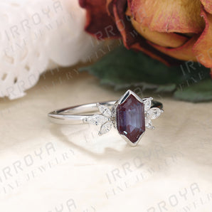 IRROYA Alexandrite Rings for Women 5x9mm 1.1 Carats Retro Styley Hexagon Cut Bezel Setting Alexandrite Ring for Engagement Platinum Plated 925 Sterling Silver Women's Promise Ring.