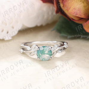 IRROYA 1CT Round Cut Natural Moss Agate Wedding Ring Vines Style Platinum Plated 925 Sterling Silver Rings Round Cubic Zirconia Ring Anniversary Ring Stackable Promise Rings for Women