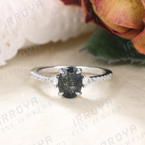 IRROYA Natural Black Rutilated Quartz Women‘s Wedding Rings 1.5CT Oval Cut 6x8mm Half Eternity Platinum Plated 925 Sterling Silver Promise Art Deco Rings.