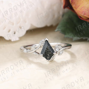 IRROYA Black Ring Gifts for Women 1.35CT Kite Cut Natural Black Rutilated Quartz Engagement Rings for Women Half Eternity Vintage Platinum Plated 925 Silver Ring Art Deco Black Promise Ring for Women Black Wedding Bands for Women