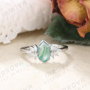 IRROYA Natural Moss Agate Anniversary Ring Gifts for Her 1.1 Carats Prong Setting Long Hexagon Moss Agate Ring Unique Style Platinum Plated 925 Sterling Silver Promise Ring Natural Green Gemstone Ring for Wedding/Birthday Gifts