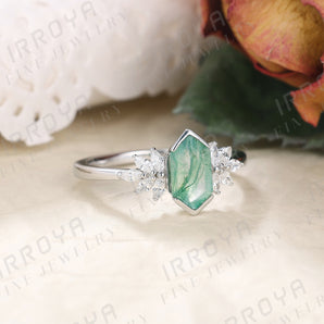 IRROYA Natural Moss Agate Anniversary Ring Gifts for Her 1.1 Carats Prong Setting Long Hexagon Moss Agate Ring Unique Style Platinum Plated 925 Sterling Silver Promise Ring Natural Green Gemstone Ring for Wedding/Birthday Gifts