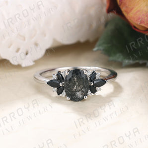 IRROYA Oval Black Ring for Women 1.5 Carats Oval Cut Natural Black Rutilated Quartz Engagement Rings for Women Art Deco Platinum Plated S925 Sterling Silver Rings Crystal Promise Rings for Her