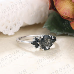 IRROYA Oval Black Ring for Women 1.5 Carats Oval Cut Natural Black Rutilated Quartz Engagement Rings for Women Art Deco Platinum Plated S925 Sterling Silver Rings Crystal Promise Rings for Her