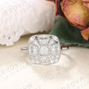 IRROYA Art Deco G Color Round Cut Moissanite Cocktail Ring 0.44 Carat Moissanite Diamond Vintage Filigree Silver Statement Rings for Women Moissanite Halo Antique Cushion Cut Engagement Ring Sterling Silver Anniversary Promise Ring for Her