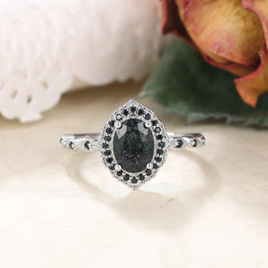 IRROYA Wedding Ring for Women - 1.5 CT Black Rutilated Quartz Halo Black Spinel Ring Engagement Rings Platinum Plated 925 Sterling Silver Promise Ring