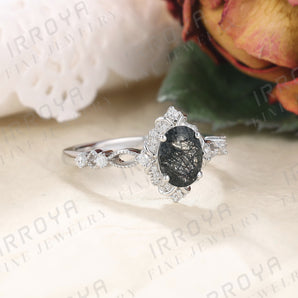 IRROYA Victorian Antique 1.5 Carat Oval Natural Black Rutilated Quartz Ring Floral Halo 0.14ct Round Cubic Zirconia Rings for Women Sterling Silver Black Stone Cocktail Rings Plated by Platinum Filigree Eternity Vintage Proposal Ring for Her