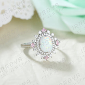 IRROYA Halo 2 Carat Cabochons Oval Cut White Opal Engagement Rings for Women Sterling Silver White G-H Moissanite Platinum Plated Silver Cocktail Ring Princess Cut Pink Sapphire Promise Ring for Her