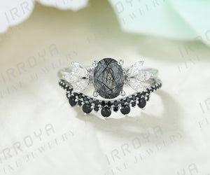 IRROYA 1.09 Carat Oval Natural Black Rutilated Quartz Bridal Ring Sets, G-H Marquise Moissanite 925 Silver Proposal Rings, Half Eternity Natural Black Spinel Wedding Band for Women, Goth Art Deco Platinum Plating Wedding Sets