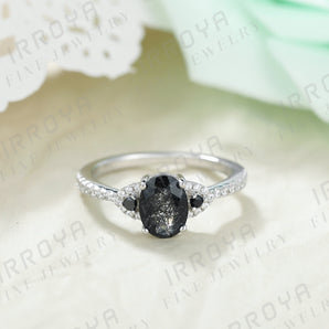 IRROYA Black Ring Gifts for Women 1.5CT Oval Cut Natural Black Rutilated Quartz Engagement Rings for Women Half Eternity Vintage Platinum Plated 925 Silver Ring Art Deco Black Promise Ring for Women Black Spinel Wedding Bands for Women