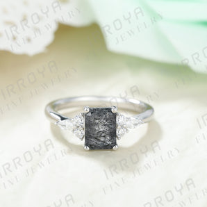 IRROYA Natural Black Rutilated Quartz Engagement Ring 2CT 6x8mm Emerald Cut Women's Engagement Rings Minimalist Rings Wedding Rings Platinum Plated 925 Sterling Silver Women's Promise Rings Anniversary Ring for her.