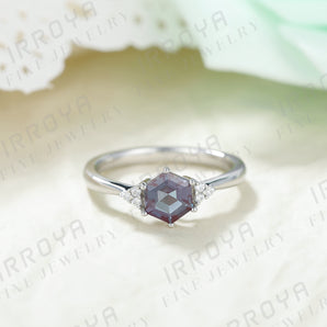 IRROYA Women Alexandrite Ring 6mm Retro Styley Hexagon Cut 0.85 Carats Engagement Platinum Plated 925 Sterling Silver Women's Fashion Promise Ring Gift for her.