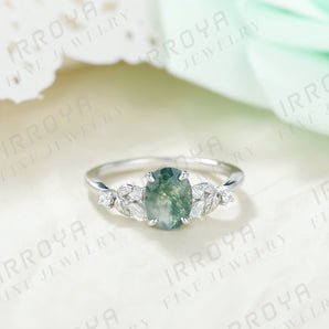 IRROYA Ring for Women 1.5 Carats Oval Cut Natural Moss Agate Ring Engagement Rings for Women Platinum Plated 925 Sterling Silver Rings White Cubic Zirconia Wedding Rings for Women Art Deco Promise Rings