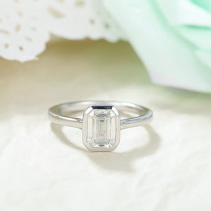 IRROYA Genuine Moissanite minimalist rings for women - 2.0 Carat Emerald Cut Engagement Ring - Unique Flat Shank Band Solitaire Platinum Plated 925 Sterling Silver