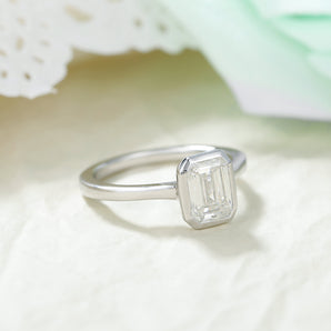 IRROYA Genuine Moissanite minimalist rings for women - 2.0 Carat Emerald Cut Engagement Ring - Unique Flat Shank Band Solitaire Platinum Plated 925 Sterling Silver